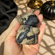 Load image into Gallery viewer, Volcano Agate mushroom carving held in hand on a pale stone Halloween background