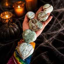 Load image into Gallery viewer, Vesuvianite and Garnet Hearts in a Halloween setting
