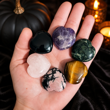 Load image into Gallery viewer, 3 cm Crystal Hearts for Valentines Day, Rose Quartz, Moss Agate, Amethyst, Tigers Eye, Rhodochrosite, Black Obsidian
