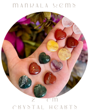 Load image into Gallery viewer, 2 cm Crystal Hearts for Valentines Day, You Choose Red Jasper, Fluorite, Carnelian, Rose Quartz, Moss Agate, Yellow