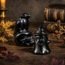 Load image into Gallery viewer, Black Obsidian Halloween Carvings, Raven on Skull & Ghost