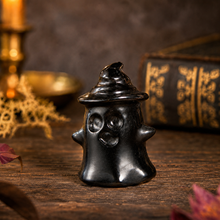 Load image into Gallery viewer, Black Obsidian Halloween Carvings, Raven on Skull & Ghost