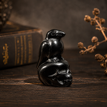 Load image into Gallery viewer, Black Obsidian Halloween Carvings, Raven on Skull & Ghost