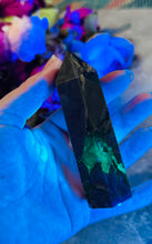 Load image into Gallery viewer, Volcano Agate Towers, UV Fluorescent Green Crystals