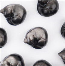 Load image into Gallery viewer, 3 cm Sleepy Silver Obsidian Cat Sculpture, Mini Black Cat, Black Crystal Cat, Cat Lover Gift