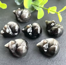 Load image into Gallery viewer, 3 cm Sleepy Silver Obsidian Cat Sculpture, Mini Black Cat, Black Crystal Cat, Cat Lover Gift