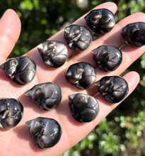 Load image into Gallery viewer, 3 cm Sleepy Silver Obsidian Cat Sculpture, Mini Black Cat, Black Crystal Cat, Cat Lover Gift