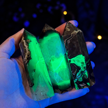 Load image into Gallery viewer, Volcano Agate Towers, UV Fluorescent Green Crystals