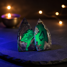 Load image into Gallery viewer, Volcano Agate Teardrop Freeform, UV Fluorescent Green Crystals