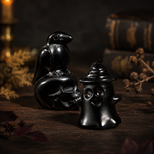 Load image into Gallery viewer, Black Obsidian Halloween Carvings, Raven on Skull & Ghost