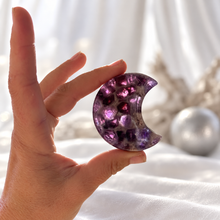 Load image into Gallery viewer, Chevron amethyst crescent moon bowl held in hand against a white and silver holiday background