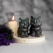 Load image into Gallery viewer, Grumpy Black Obsidian Cats, Mini Black Cat, Black Crystal Cat, Witchy Halloween Decor