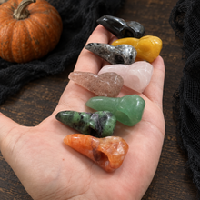 Load image into Gallery viewer, Crystal raven skull carvings resting in a hand with a pumpkin in the background.