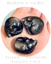 Load image into Gallery viewer, 3 cm Sleepy Silver Obsidian Cat Sculpture, Mini Black Cat, Black Crystal Cat, Cat Lover Gift