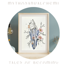 Load image into Gallery viewer, Framed artwork with crystals and flowers on a light blue background, featuring 'Mythos Alchemi' branding.