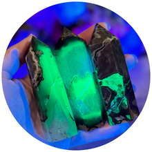 Load image into Gallery viewer, Volcano Agate Towers, UV Fluorescent Green Crystals