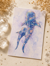 Load image into Gallery viewer, Whale Sharks Watercolor Art Print - Ocean Lover Wall Decor
