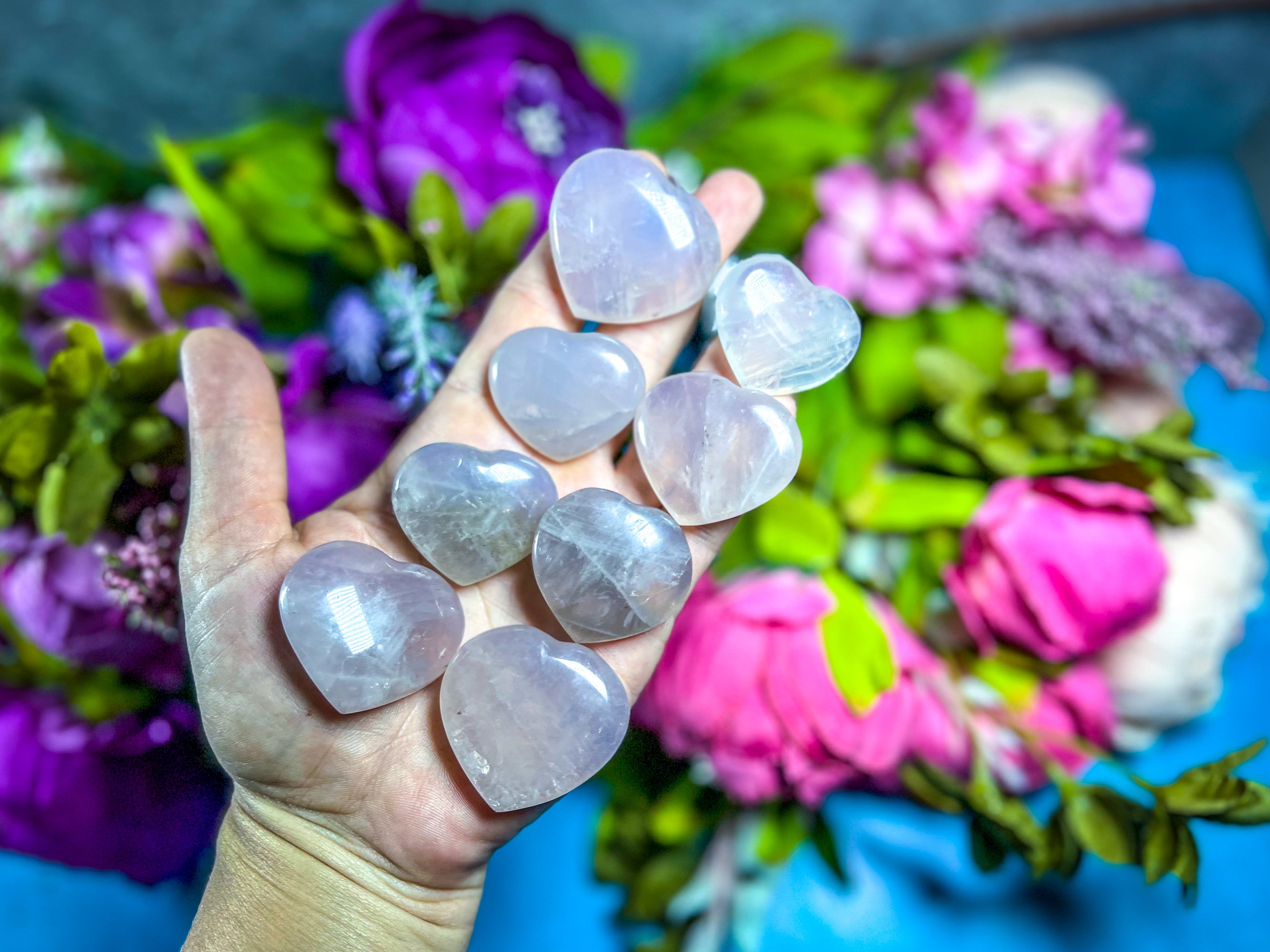 Ethically Sourced Blue Rose Quartz Palm Hearts Mandala Gems