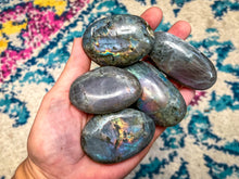 Load image into Gallery viewer, Rainbow Purple Labradorite Palm Stone, Ethically Sourced Spectrolite Crystals