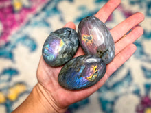 Load image into Gallery viewer, Rainbow Purple Labradorite Palm Stone, Ethically Sourced Spectrolite Crystals