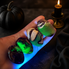Load image into Gallery viewer, Volcano Agate Palmstones, Green Fluorescent Minerals, UV Crystals
