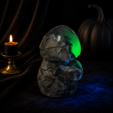 Load image into Gallery viewer, Single Volcano Agate mushroom carving glowing vivid green under UV light on black velvet
