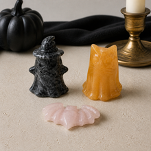 Load image into Gallery viewer, Mixed crystal bat, witch-hat ghost, and cat ghost Halloween figurines
