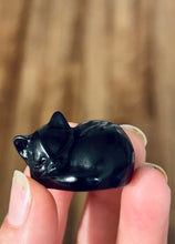 Load image into Gallery viewer, 3 cm Sleepy Black Obsidian Cat Sculpture, Mini Black Cat, Black Crystal Cat, Cat Lover Gift
