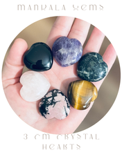 Load image into Gallery viewer, 3 cm Crystal Hearts for Valentines Day, Rose Quartz, Moss Agate, Amethyst, Tigers Eye, Rhodochrosite, Black Obsidian
