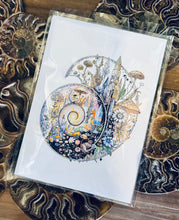 Load image into Gallery viewer, 10x10 Ammonite Fine Art Print, Transformational Art, Fantasy Art, Fossil Painting, Crystal Painting, Archival Print
