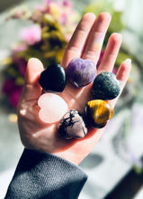 Load image into Gallery viewer, 3 cm Crystal Hearts for Valentines Day, Rose Quartz, Moss Agate, Amethyst, Tigers Eye, Rhodochrosite, Black Obsidian
