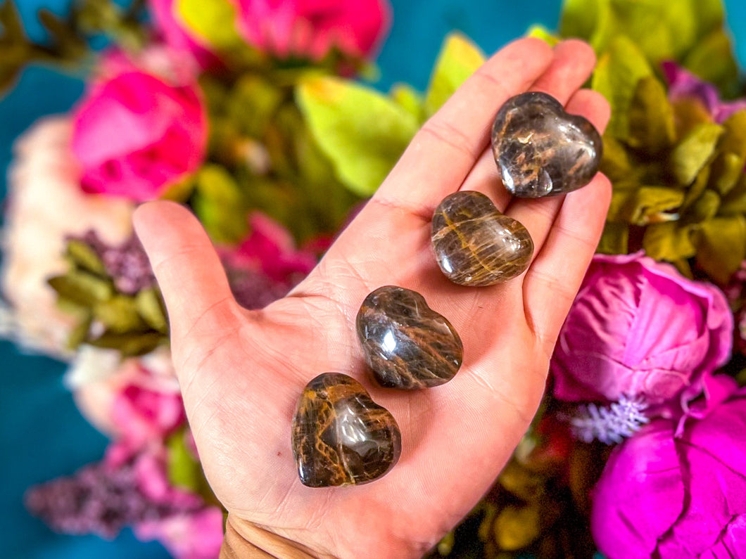 Pocket Sized Black Moonstone Crystal Hearts