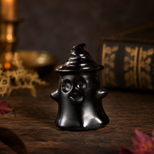 Load image into Gallery viewer, Black Obsidian Halloween Carvings, Raven on Skull &amp; Ghost
