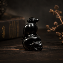 Load image into Gallery viewer, Black Obsidian Halloween Carvings, Raven on Skull &amp; Ghost
