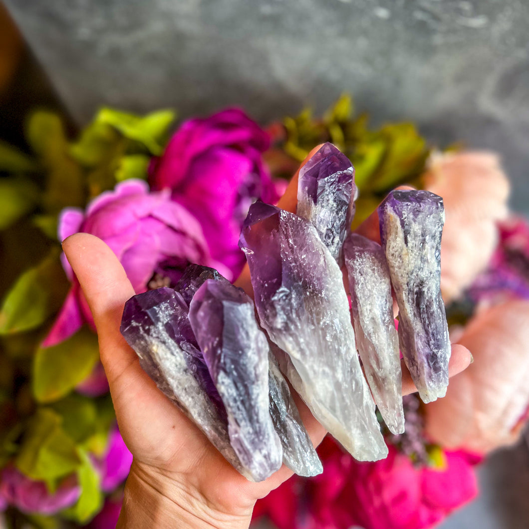 Bulk Small Dragontooth Amethyst Spears, 500 Grams, Bahia Amethyst Point, elestial Amethyst