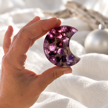 Load image into Gallery viewer, Purple dream amethyst moon bowl held in hand showing natural crystal patterning
