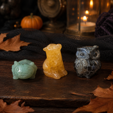 Load image into Gallery viewer, Mini crystal axolotl, wolf, and owl figurines in a Halloween display
