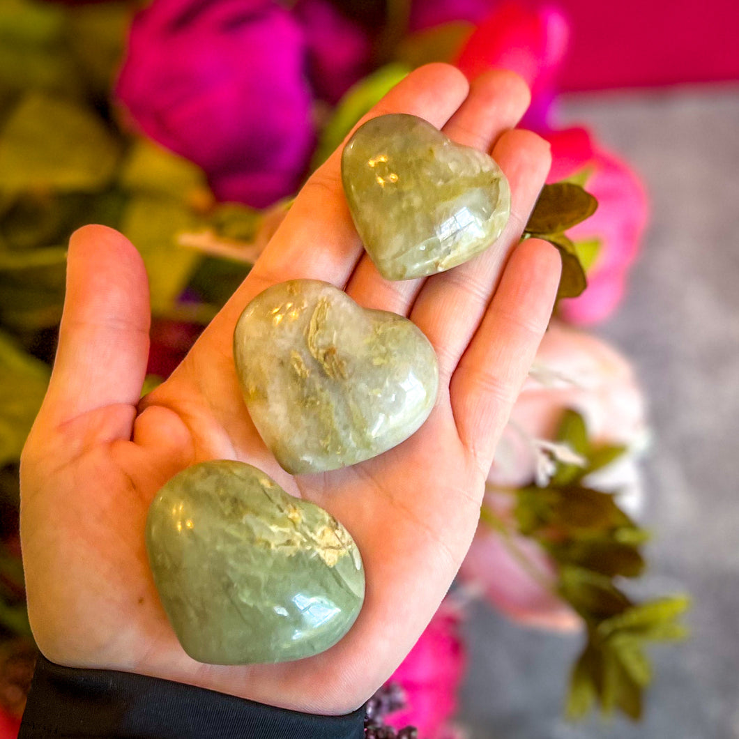 Green Quartz Crystal Hearts, Ethically Sourced Crystals