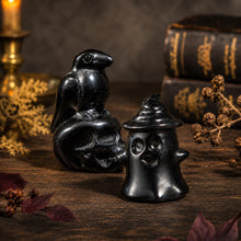 Load image into Gallery viewer, Black Obsidian Halloween Carvings, Raven on Skull &amp; Ghost
