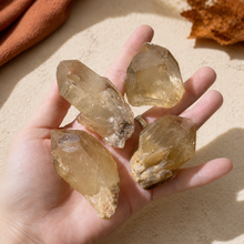 Load image into Gallery viewer, Four raw Katanga Congo citrine specimens resting in Eva's open hand against pale stone with restrained fall styling
