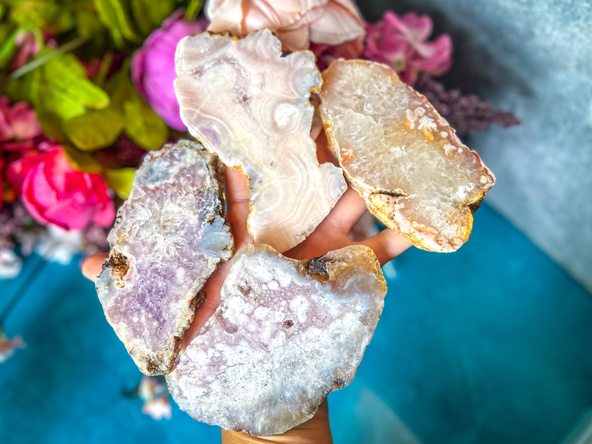 Close view of natural floral plume patterns inside polished flower agate