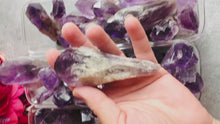 Load and play video in Gallery viewer, Bulk Small Dragontooth Amethyst Spears, 500 Grams, Bahia Amethyst Point, elestial Amethyst
