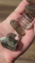 Load and play video in Gallery viewer, Assorted mini included quartz towers shown from multiple angles with varied phantom, rutile, green, and garden-like inclusions

