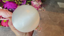 Load and play video in Gallery viewer, Huge Satin Spar Crystal Ball, Selenite Sphere, 2 1/2 Lbs 4&quot;
