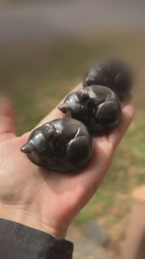Three silver sheen obsidian cat carvings shown in hand with a softly blurred warm background