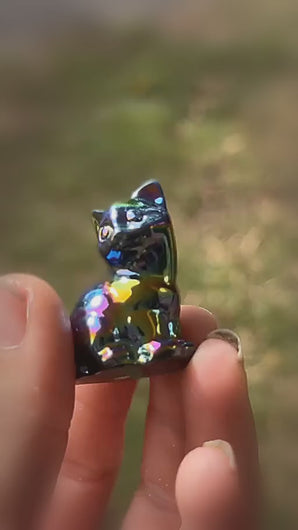 Single rainbow aura cat carving shown in hand, with the background softened