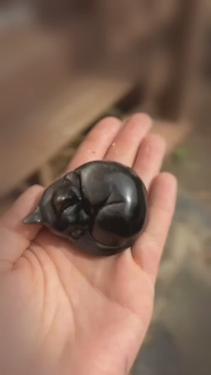 Close detail video of a polished silver sheen obsidian cat carving