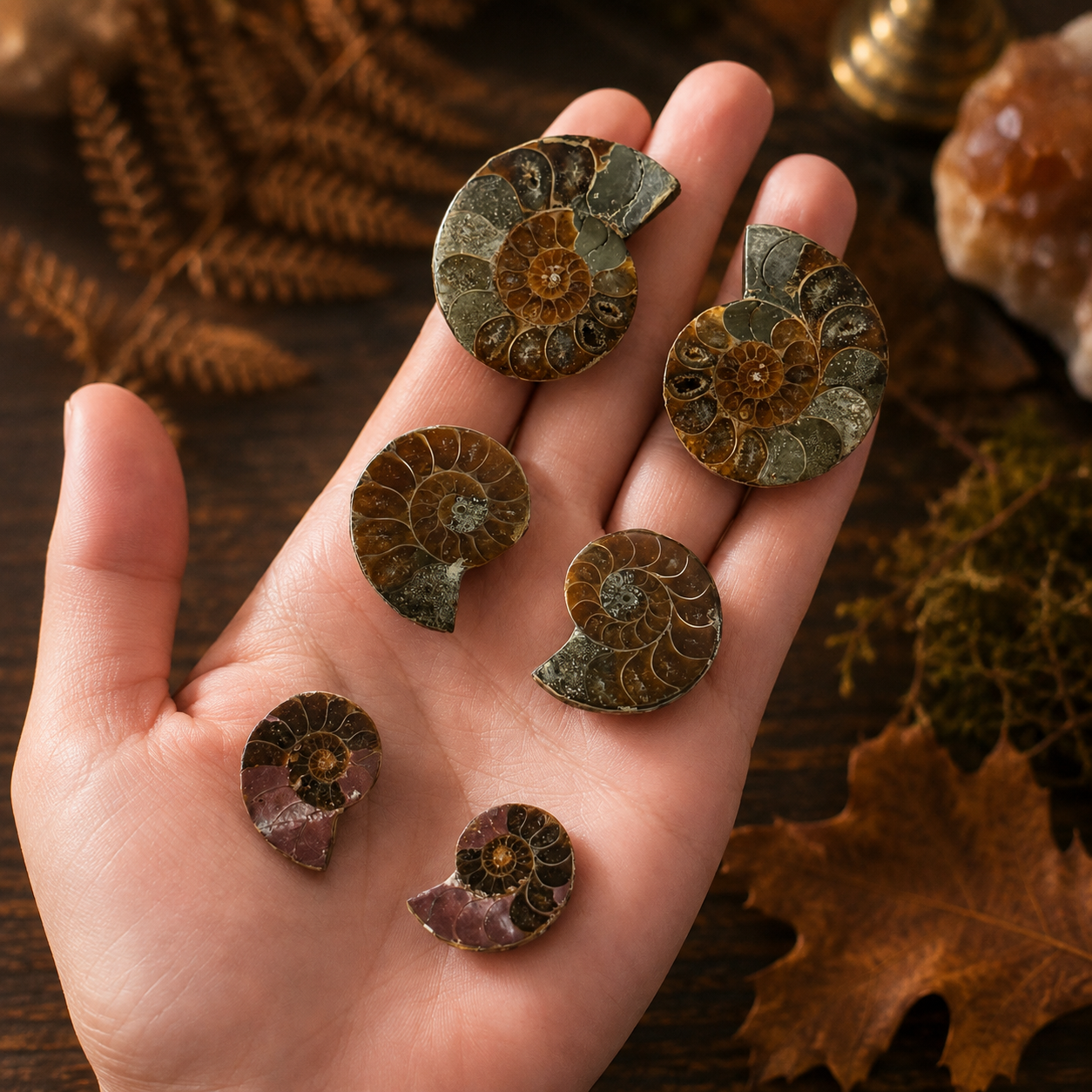 Matching polished ammonite halves revealing chambers inside the ancient spiral shell