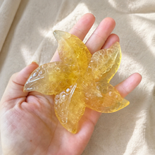 Load image into Gallery viewer, Yellow Fluorite starfish carving held in hand to show its four-inch size
