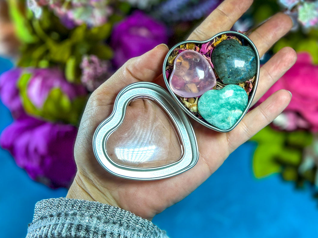 Three Mystery Crystal Heart Mothers Day Gift Set in a Heart Shaped Box